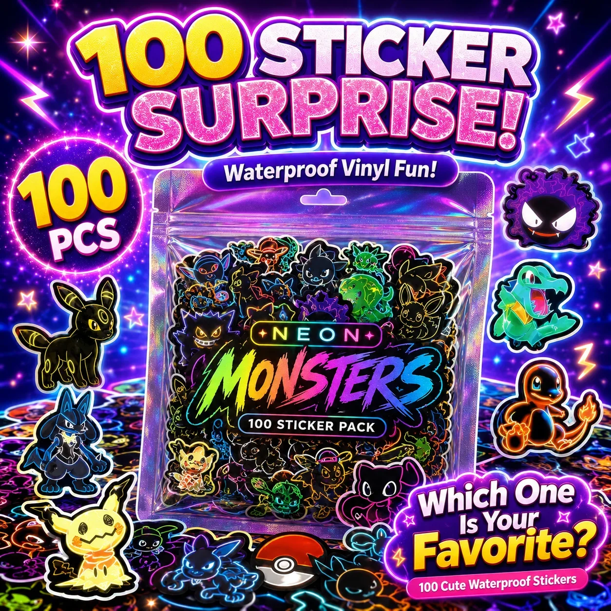 Scrapbooking - 100 Adesivos Neon Pokémon à Prova
